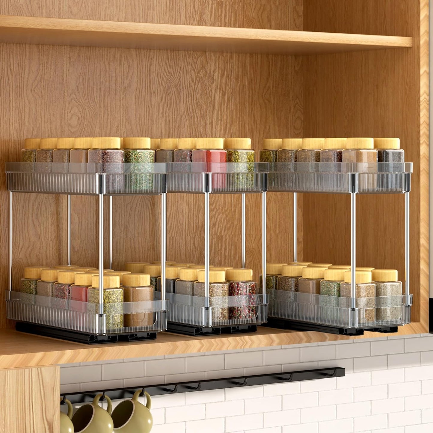 3 Pack Pull Out Spice Rack Organizer for Cabinet, 2 Tier Slide Out Spice Racks Organizer, Spice Cabinet Organizers, Cabinet Size Need:12'' High x 11'' Deep x 5'' Wide, Clear Acrylic