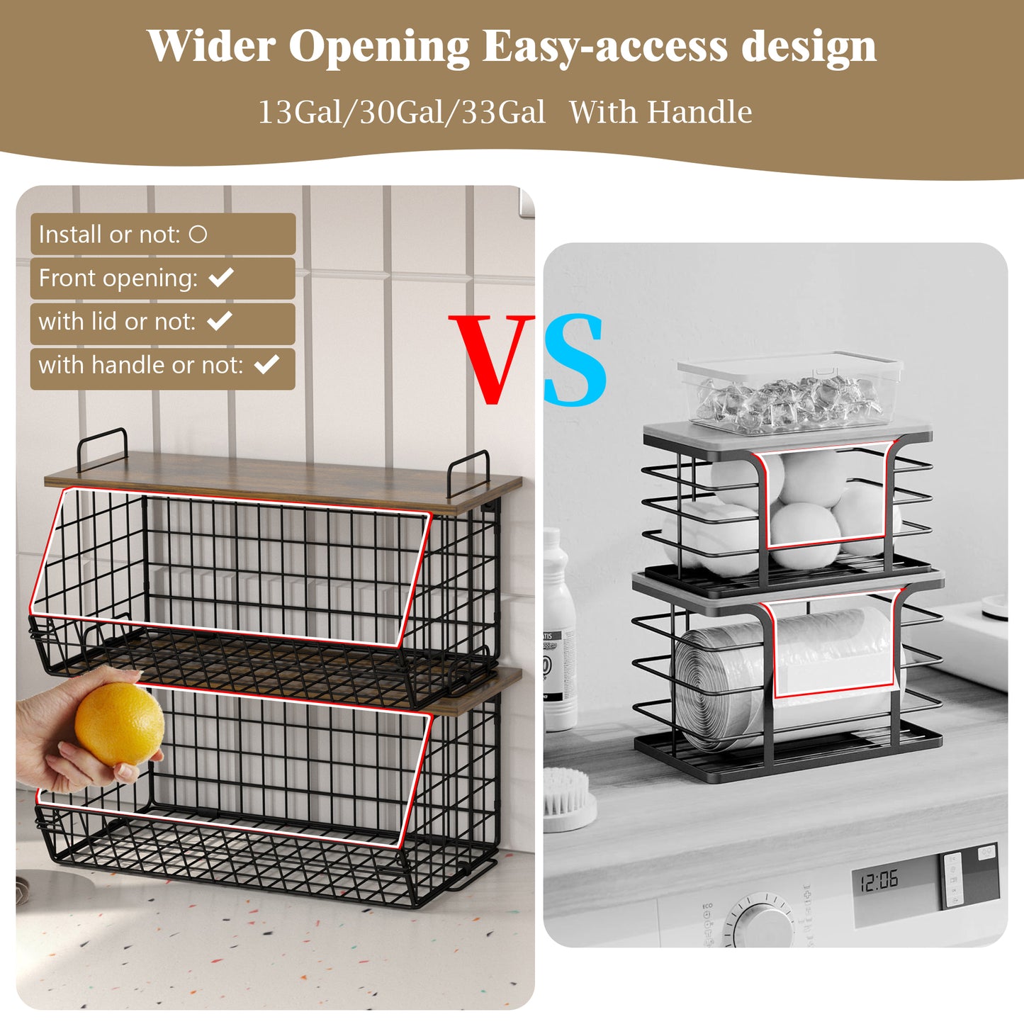 TAIMASI 2 Pcs Stackable Trash Bag Holder - Upgrade Larger, Standard Garbage Bag Dispenser for Small or Large Trashbag, Kitchen Pantry Under Sink Laundry Room Organizer Basket Storage Bin