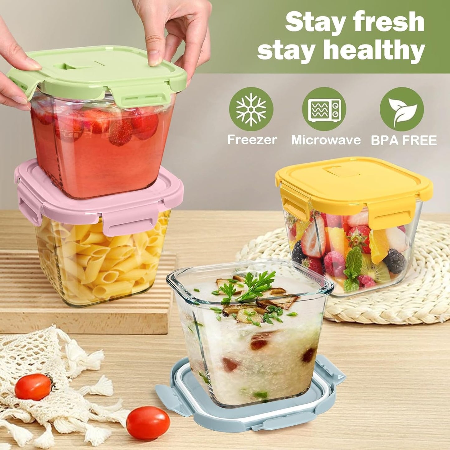 8 Pcs Glass Food Storage Containers with Lids, 4 Cup Airtight Soup Bowl, Square Meal Prep Jar for Fruit, Lunch, Freezer Microwave Safe