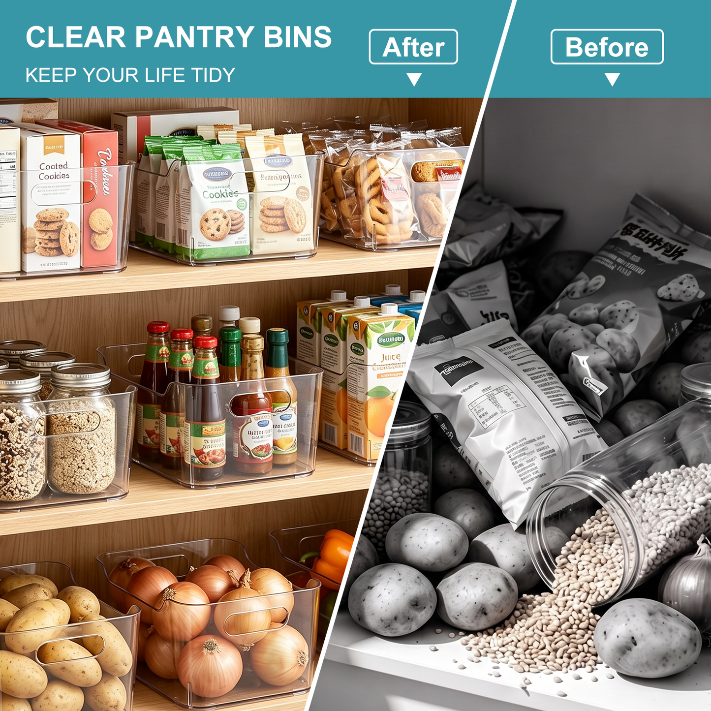6 Pack Clear Plastic Storage Bins, TAIMASI Plastic Pantry Organizers and Storage Bins with Handle, Multi-Use Clear Storage Containers for Home, Kitchen, Cabinet, Fridge Organization