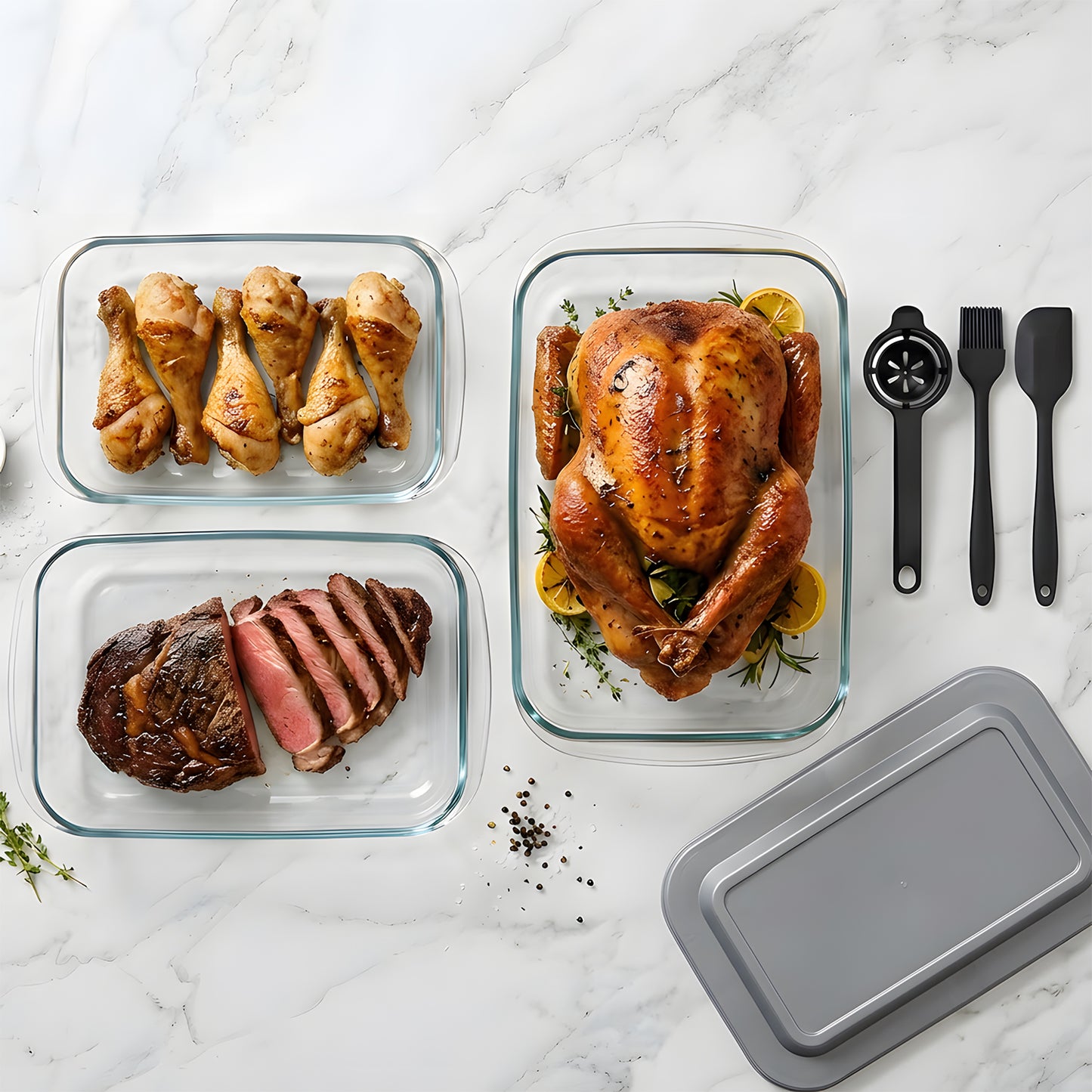 11 Pcs Deep Glass Baking Dish Set with lids/Egg Separator/Brush/Spatula, Rectangular Glass Baking Pans Bakeware Set for Lasagna, Leftovers, Cooking, Freezer-to-Oven, Gray