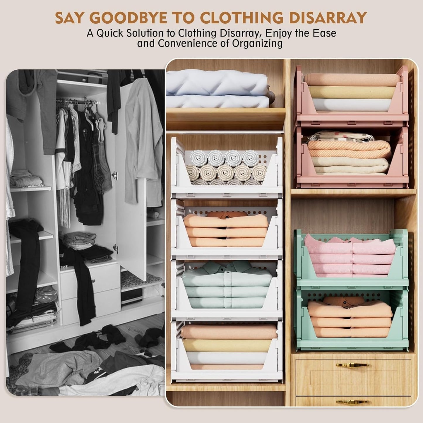 TAIMASI 5 Pack Stackable Closet Storage Basket, Multifunctional Foldable Closet Organizer for Kitchen Bathroom Laundry Room Wardrobe Storage, Space-Saving Clothes Storage Drawer Organizer, White