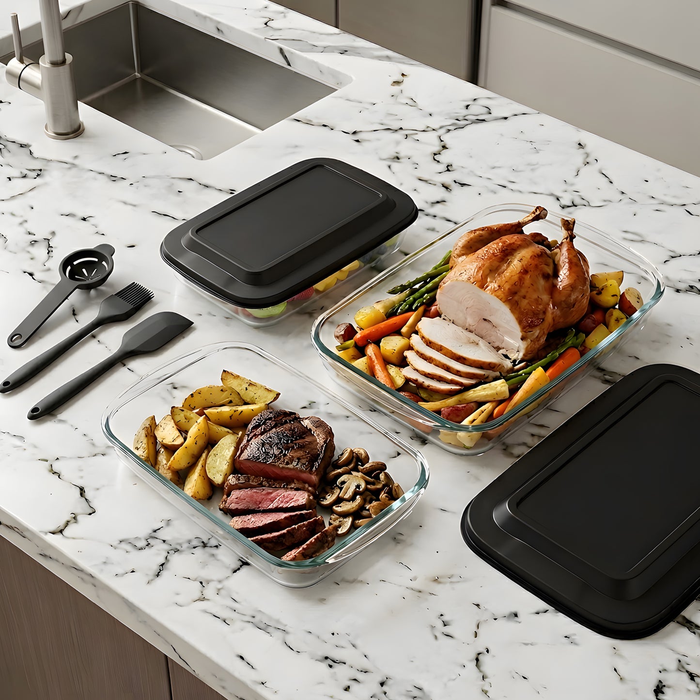 11 Pcs Deep Glass Baking Dish Set with lids/Egg Separator/Brush/Spatula, Rectangular Glass Baking Pans Bakeware Set for Lasagna, Leftovers, Cooking, Freezer-to-Oven, Black