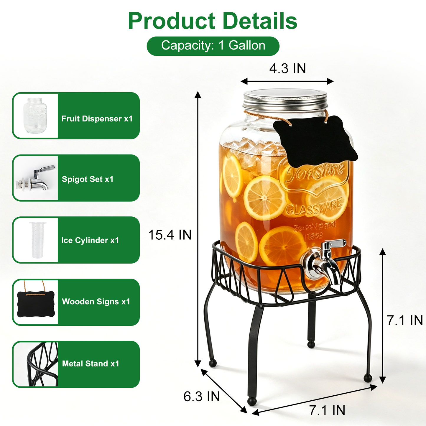 1 Gallon Glass Drink Dispensers for Parties, TAIMASI Beverage Dispenser with Stand & Ice Cylinder, Leakproof Lemonade Drink Dispenser for Sun Tea, Homemade Juice