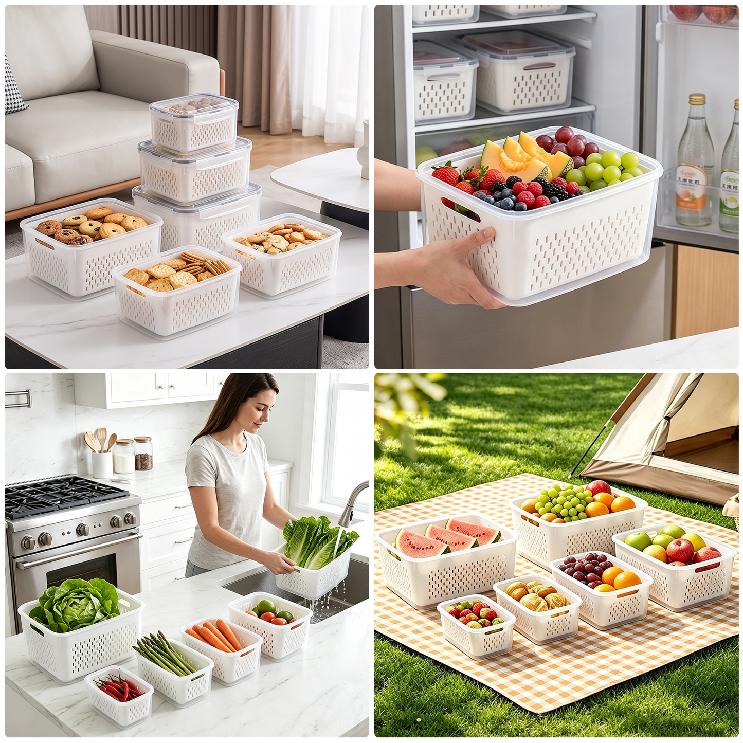 6 Pack Fruit Storage Containers for Fridge with Removable Colanders and Lids, 6 in 1 Leakproof Fridge Organizer Bins for Salad Berry Lettuce Vegetables Meat Keeper Fresh