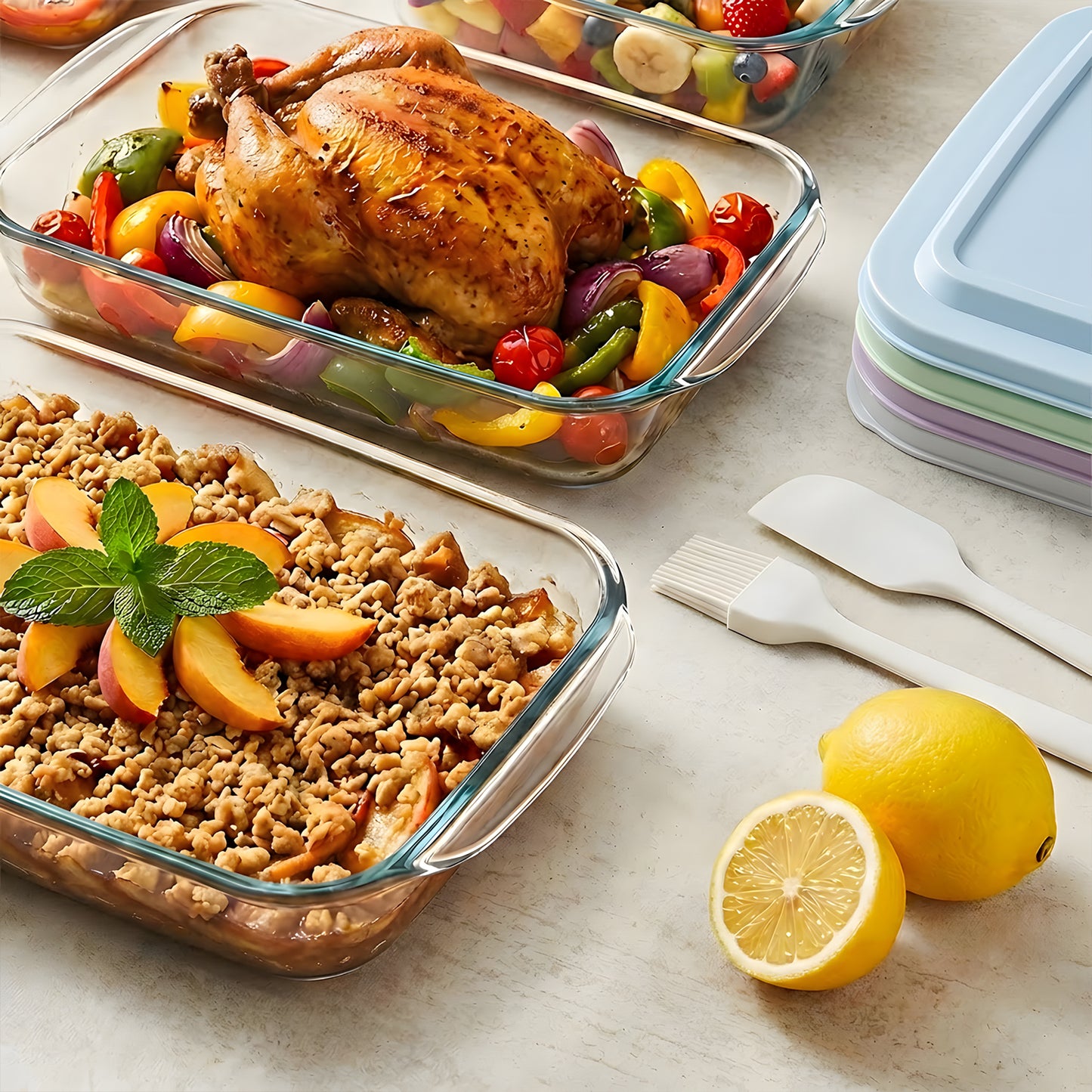 11 Pcs Deep Glass Baking Dish Set with lids/Egg Separator/Brush/Spatula, Rectangular Glass Baking Pans Bakeware Set for Lasagna, Leftovers, Cooking, Freezer-to-Oven, Multicolor
