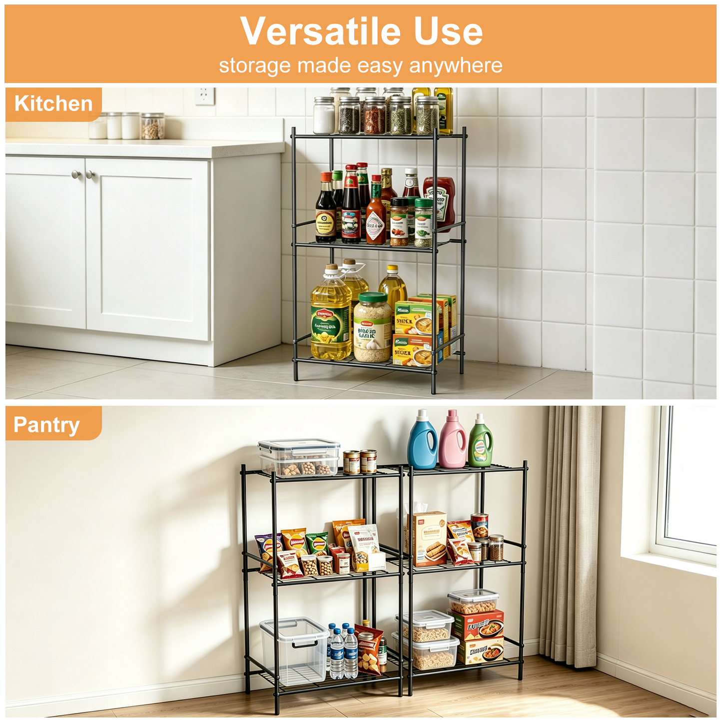 3-Shelf Steel Wire Rack Storage Shelving Organizer, Sturdy Garage Metal Rack, Tiny Versatility Storage Shelves for Kitchen, Pantry, Under Desk, 15.94" L x 10.03" W x 26.77" H, Black