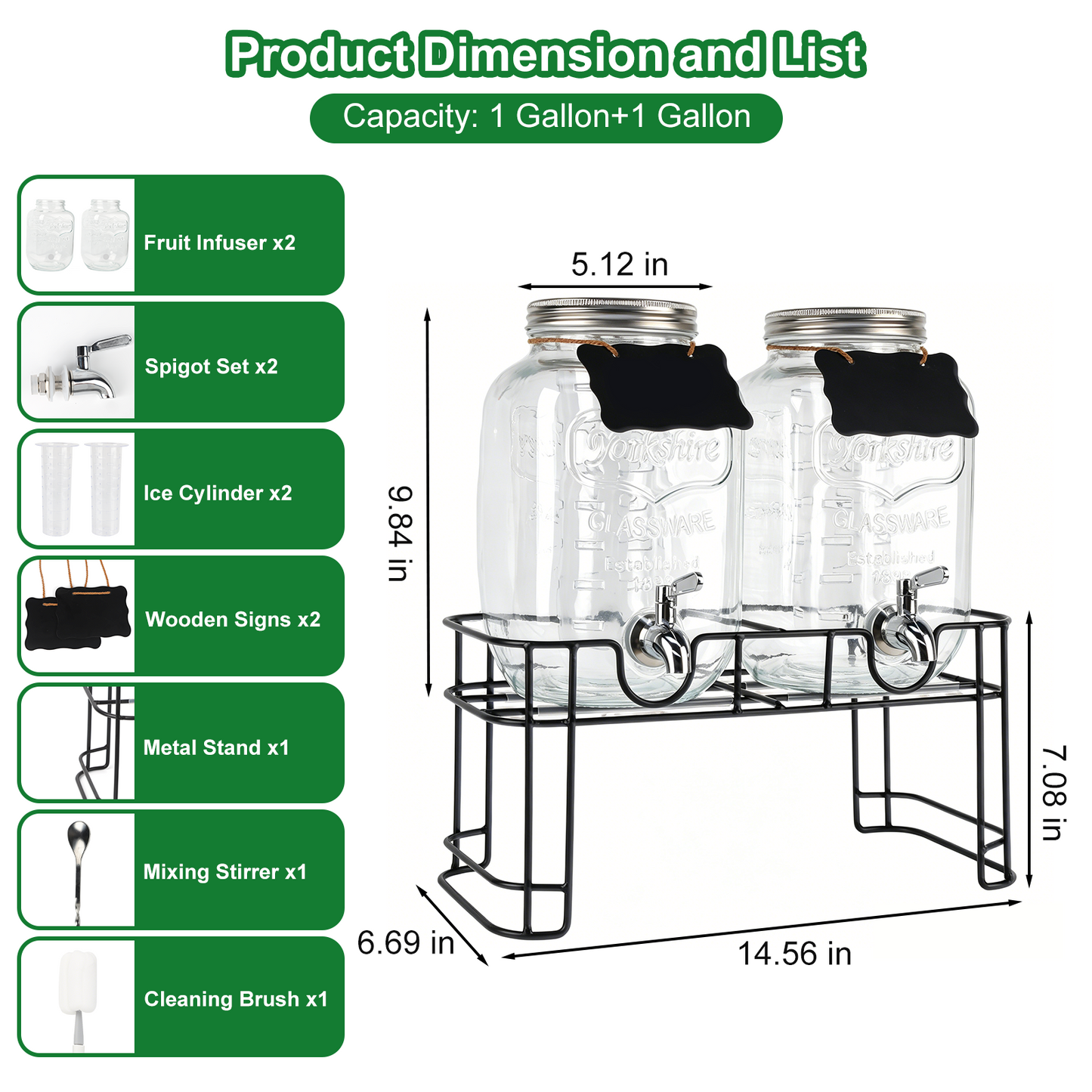 1 Gallon Glass Drink Dispensers for Parties, TAIMASI 2 Pack Beverage Dispenser with Stand & Stainless Steel Spigot, Leakproof Lemonade Drink Dispenser for Sun Tea, Homemade Juice
