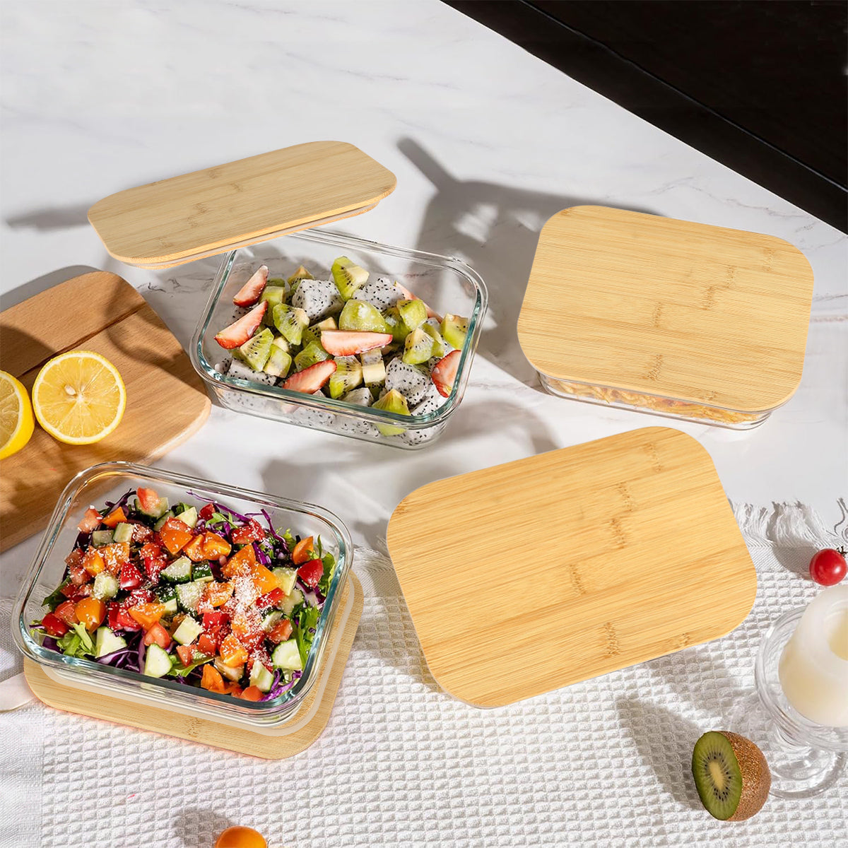 8 Pcs Glass Food Storage Containers with Bamboo Lids, Meal Prep Glass Containers Bento Lunch Box, Safe for Microwave, Oven, Freezer and Dishwasher, BPA Free