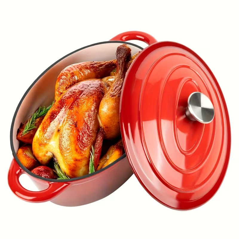 Enameled Oval Dutch Oven Pot , TAIMASI Cast Iron Dutch Oven with Dual Handles and Lid, Non-stick Enamel Coated Cookware for Bread Baking, Cooking, Frying, Oven Safe, Red