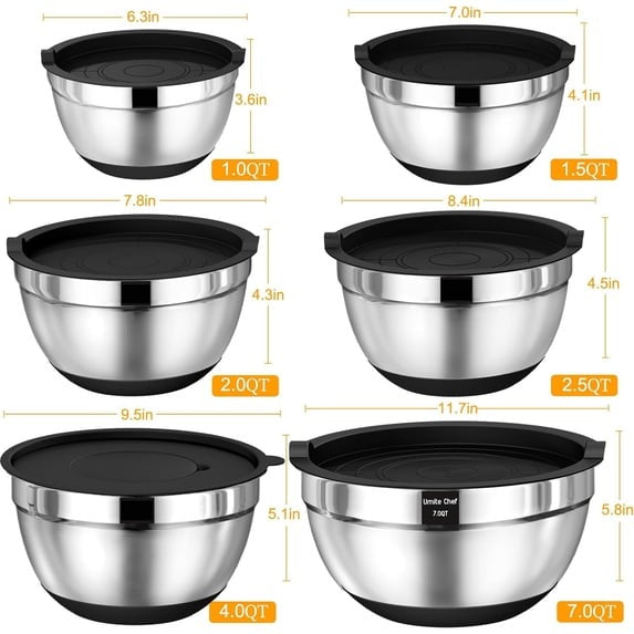 Mixing Bowls with Airtight Lids, AOKIWO 32Pcs Stainless Steel Nesting Non-Slip Bottoms Mixing Serving Bowls Set wtih 3 Grater & Tools Gadgets, 7/4/2.5/2/1.5/1QT Metal Salad Bowls for Serving Preppi