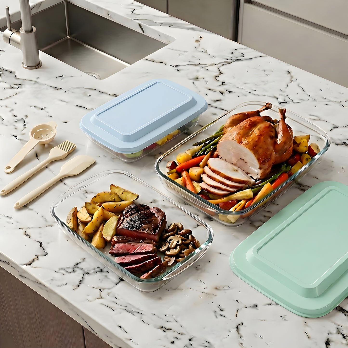 11 Pcs Deep Glass Baking Dish Set with lids/Egg Separator/Brush/Spatula, Rectangular Glass Baking Pans Bakeware Set for Lasagna, Leftovers, Cooking, Freezer-to-Oven, Multicolor