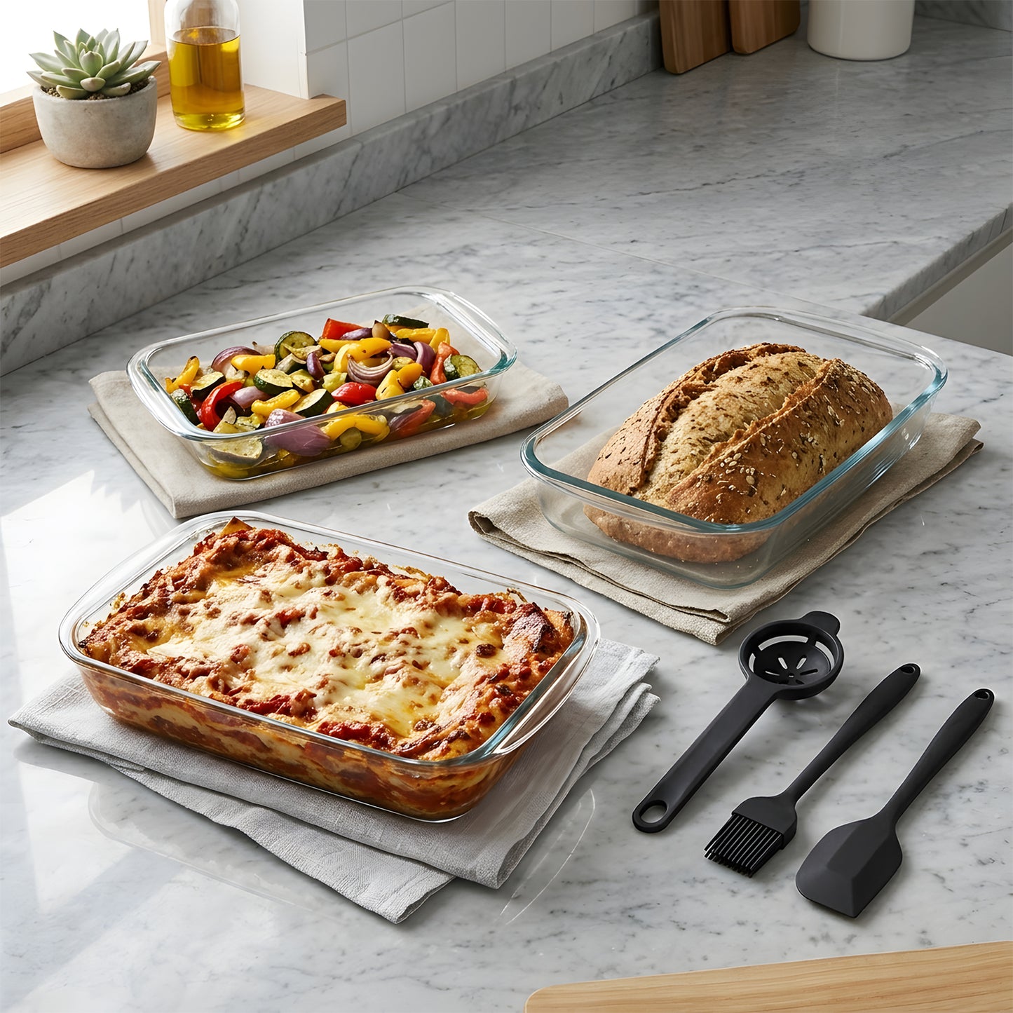 11 Pcs Deep Glass Baking Dish Set with lids/Egg Separator/Brush/Spatula, Rectangular Glass Baking Pans Bakeware Set for Lasagna, Leftovers, Cooking, Freezer-to-Oven, Black