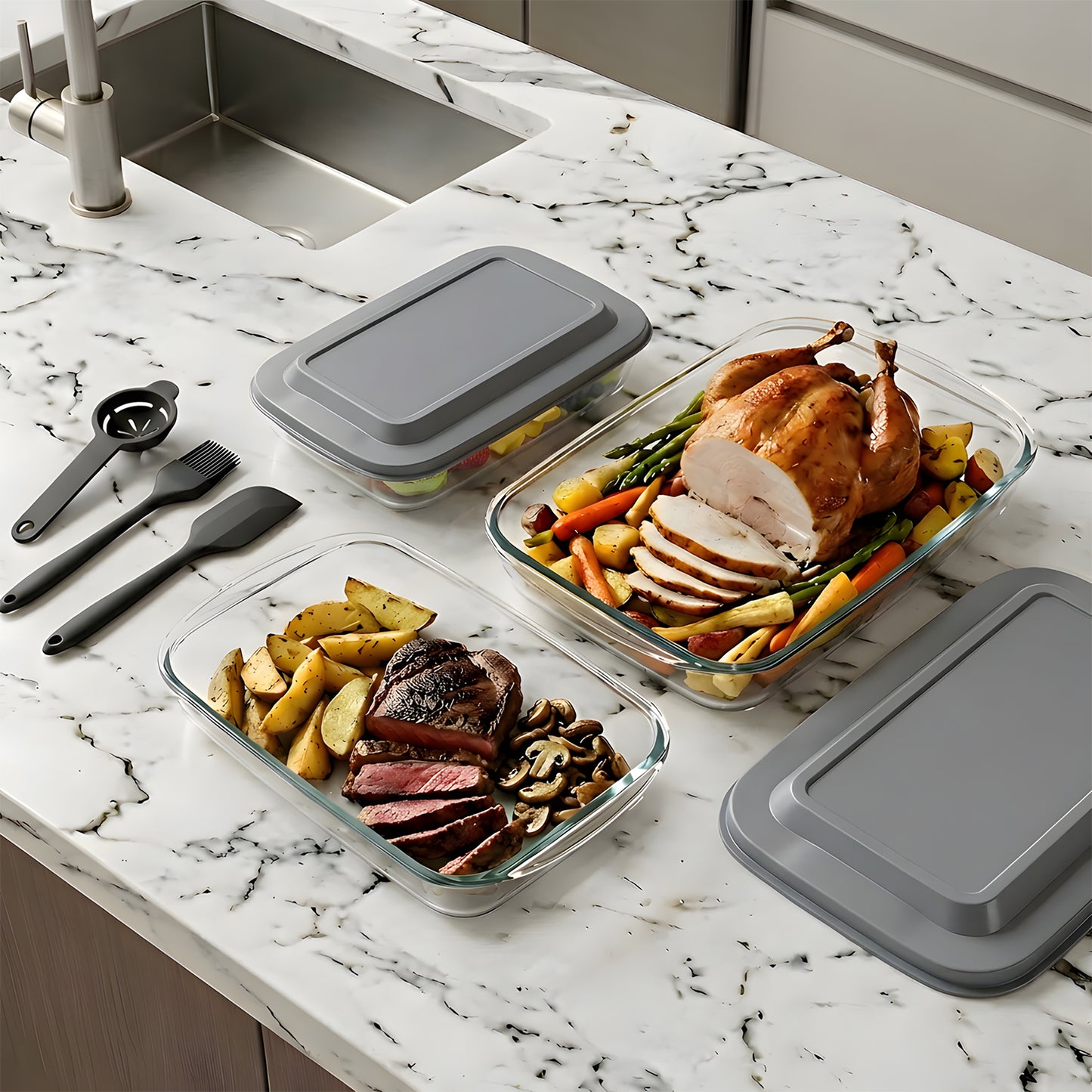 11 Pcs Deep Glass Baking Dish Set with lids/Egg Separator/Brush/Spatula, Rectangular Glass Baking Pans Bakeware Set for Lasagna, Leftovers, Cooking, Freezer-to-Oven, Gray