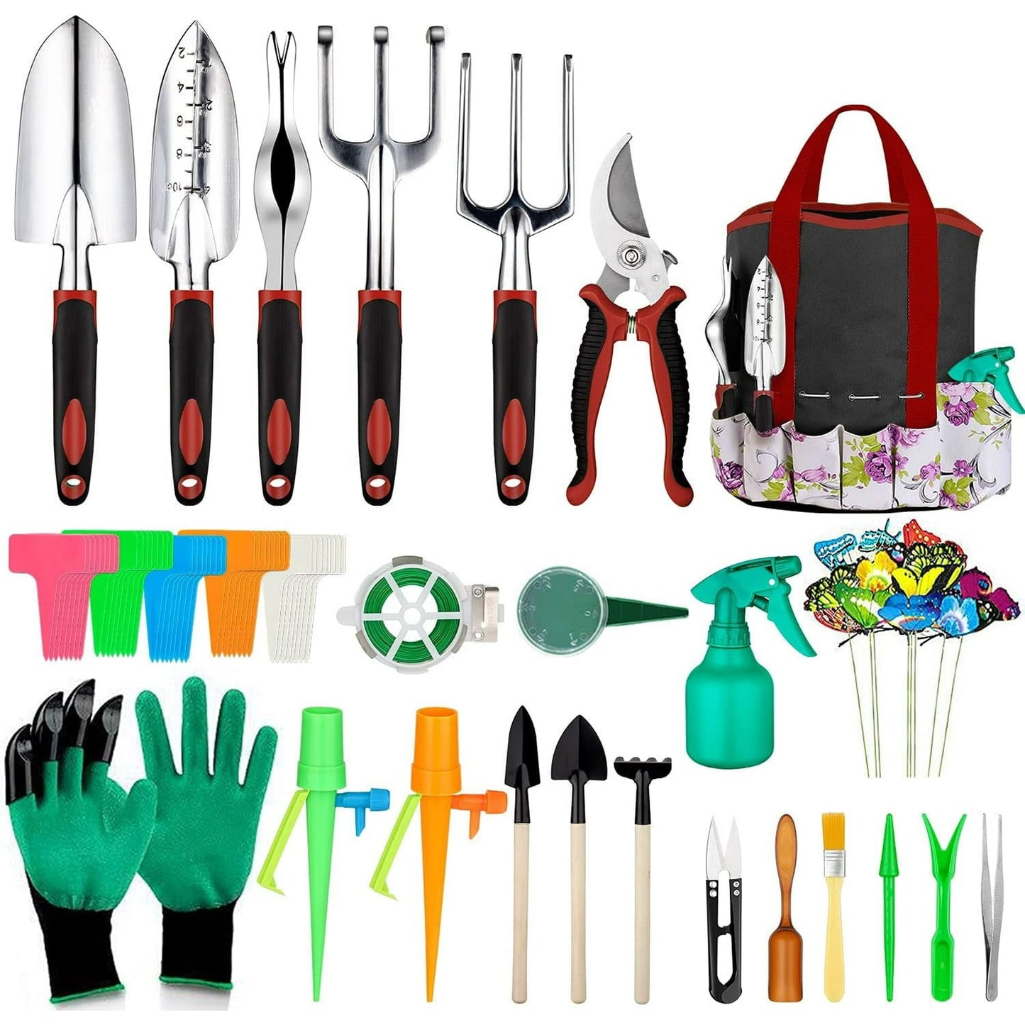 Gardening Tools Set 29 Pieces, Succulent Garden Tools Set Included, Aluminum Garden Tools for Gardening,Non-Slip Ergonomic Handle Tools,Storage Tote Bag,Gifts Hand Tools Set for Women(Red)