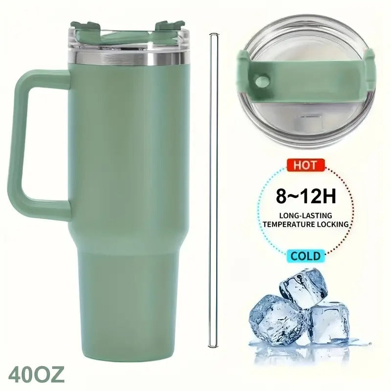 Tumbler With Handle 40 oz Travel Mug Straw Covers Cup with Lid Insulated Quencher Stainless Steel Water Iced Tea Coffee  Cups-Khaki