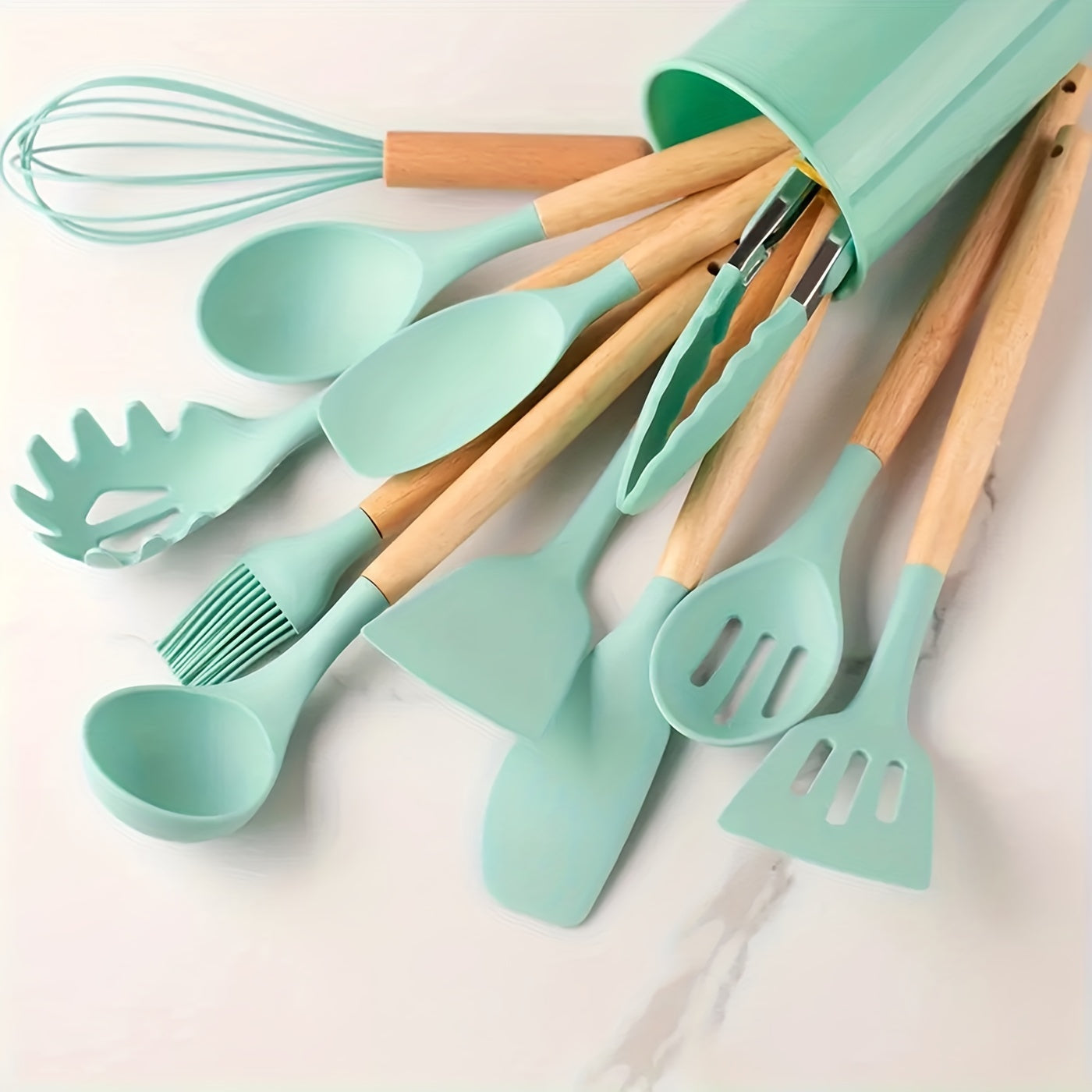 12 Pcs Silicone Kitchen Utensil Set with Wooden Handles - Non-Stick, Easy to Clean, No Electricity Needed - Ideal for Cooking, Baking, Dorms