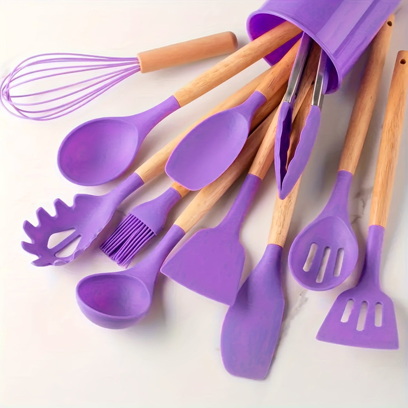 12 Pcs Silicone Kitchen Utensil Set with Wooden Handles - Non-Stick, Easy to Clean, No Electricity Needed - Ideal for Cooking, Baking, Dorms