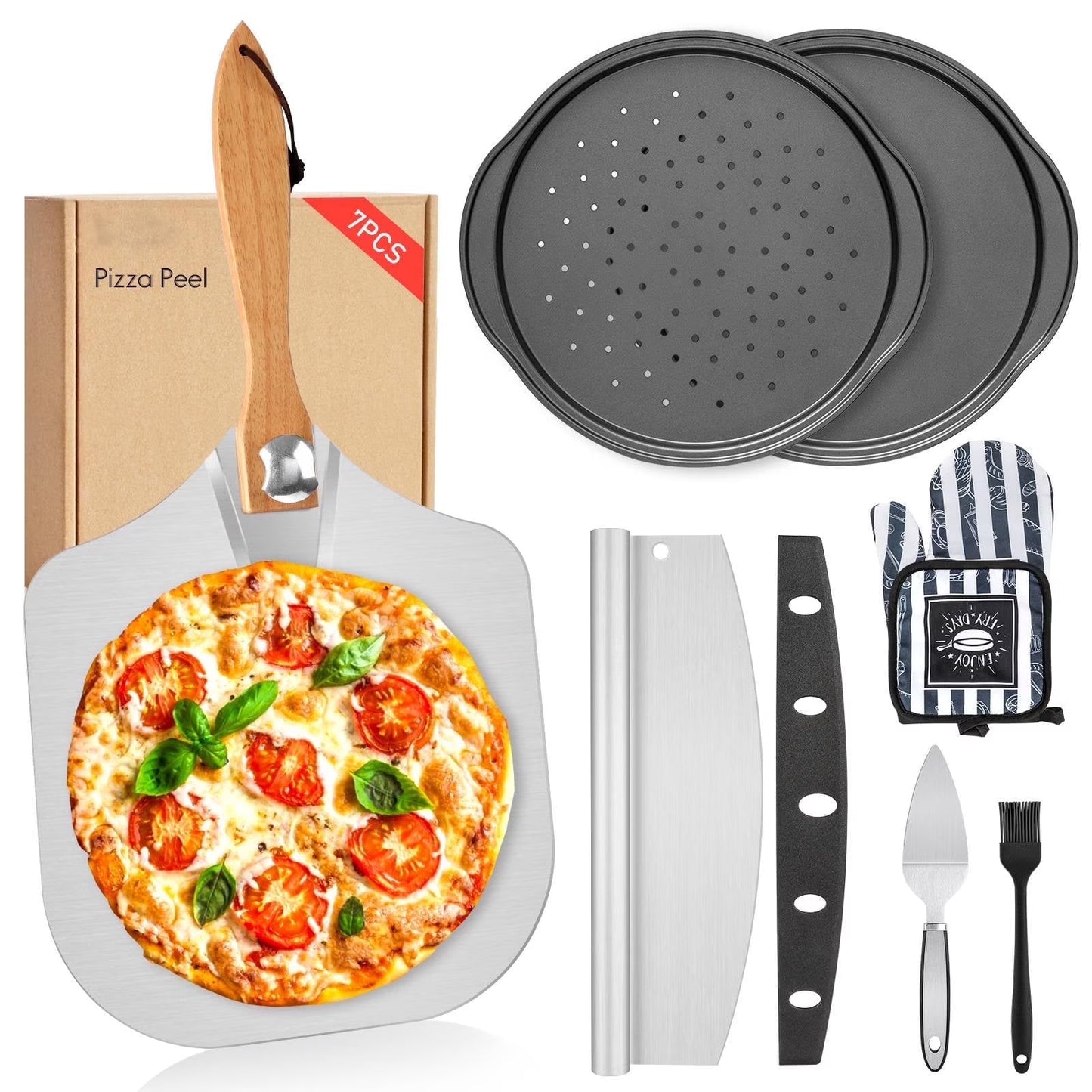 Foldable Pizza Peel Pizza Pan Set, 7Pcs 12" x 14" Aluminum Metal Pizza Paddle with Wooden Handle, Rocker Cutter, Server Set, Baking Oven Mitts, Oil Brushes, Homemade Pizza Oven Accessories