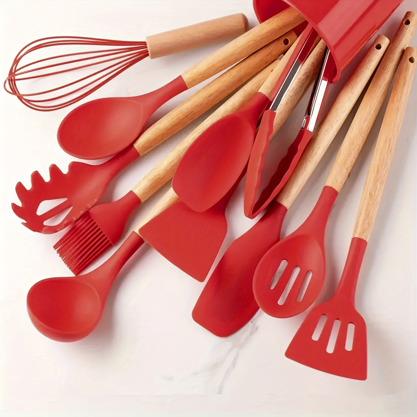 12 Pcs Silicone Kitchen Utensil Set with Wooden Handles - Non-Stick, Easy to Clean, No Electricity Needed - Ideal for Cooking, Baking, Dorms