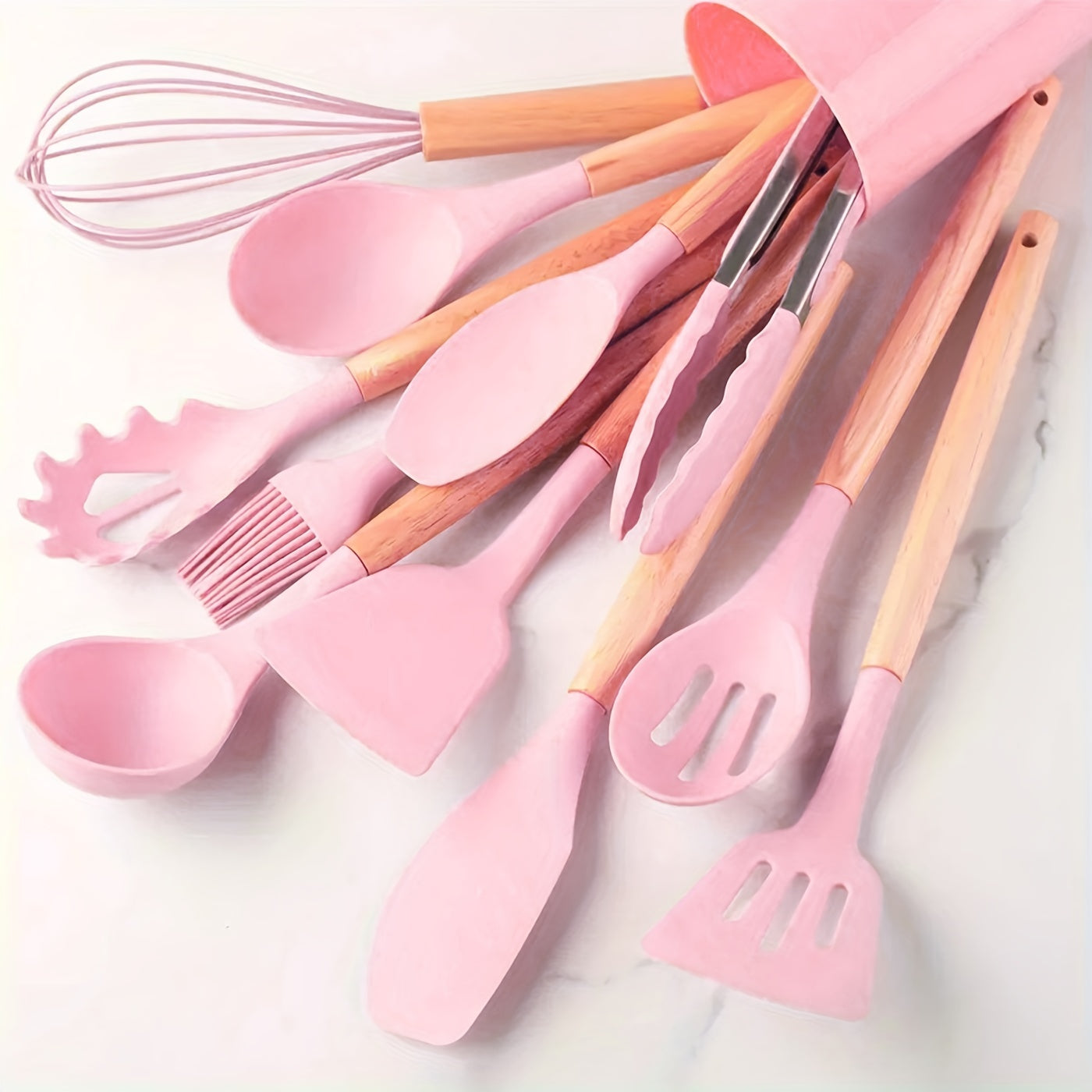 12 Pcs Silicone Kitchen Utensil Set with Wooden Handles - Non-Stick, Easy to Clean, No Electricity Needed - Ideal for Cooking, Baking, Dorms