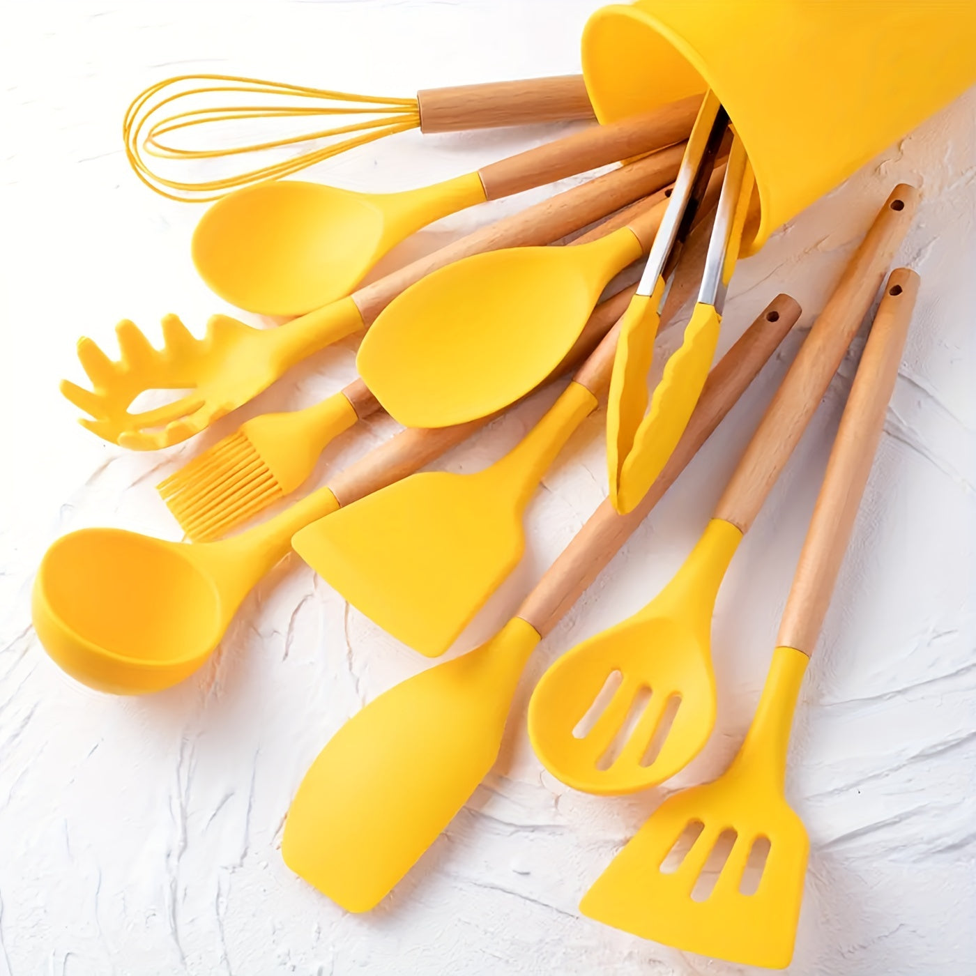 12 Pcs Silicone Kitchen Utensil Set with Wooden Handles - Non-Stick, Easy to Clean, No Electricity Needed - Ideal for Cooking, Baking, Dorms