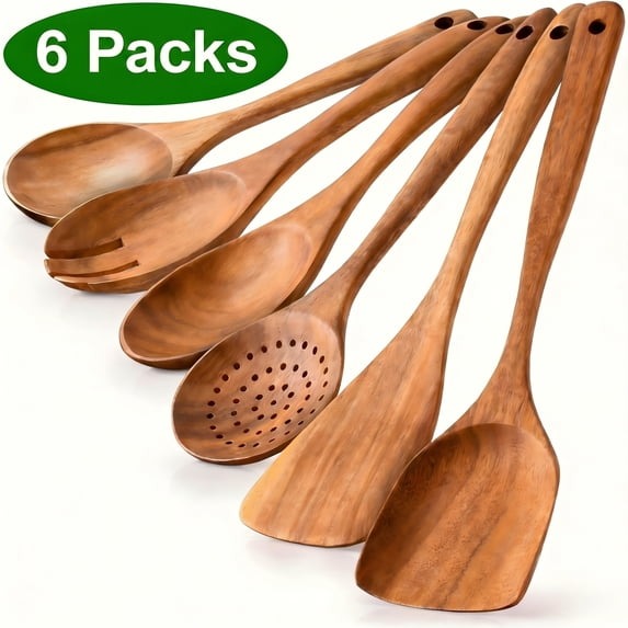 Kitchen 6-Piece Wooden Spoons for Cooking - AOKIWO Smooth Finish Teak Wooden Utensils for Cooking - Soft Comfortable Grip Wood Spoons for Cooking