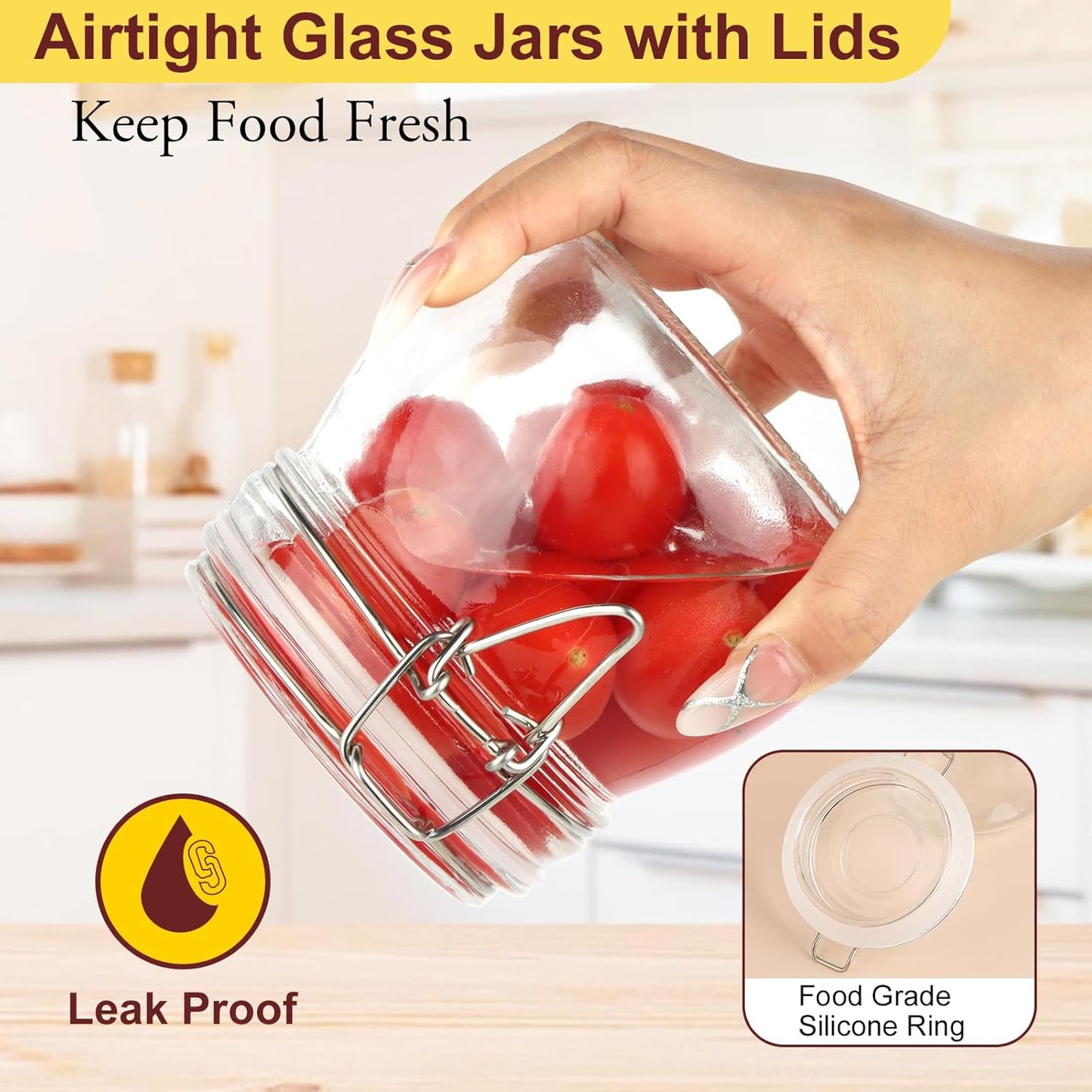 6 Pack Airtight Glass Jars, TAIMASI 17oz Food Storage Jar with Airtight Clamp Lids, Small Clear Storage Container Mason Jars for Kitchen Canning Flour, Cereal, Sugar, Beans