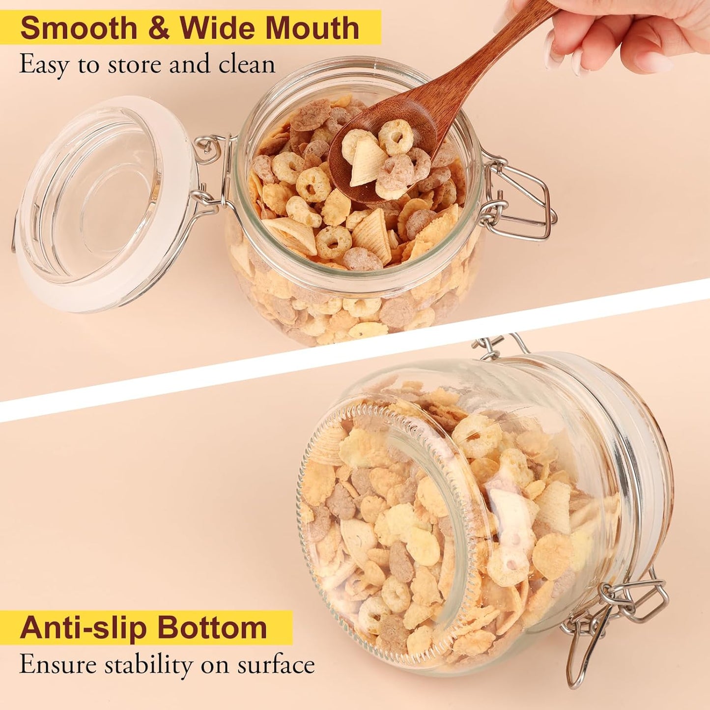 6 Pack Airtight Glass Jars, TAIMASI 17oz Food Storage Jar with Airtight Clamp Lids, Small Clear Storage Container Mason Jars for Kitchen Canning Flour, Cereal, Sugar, Beans