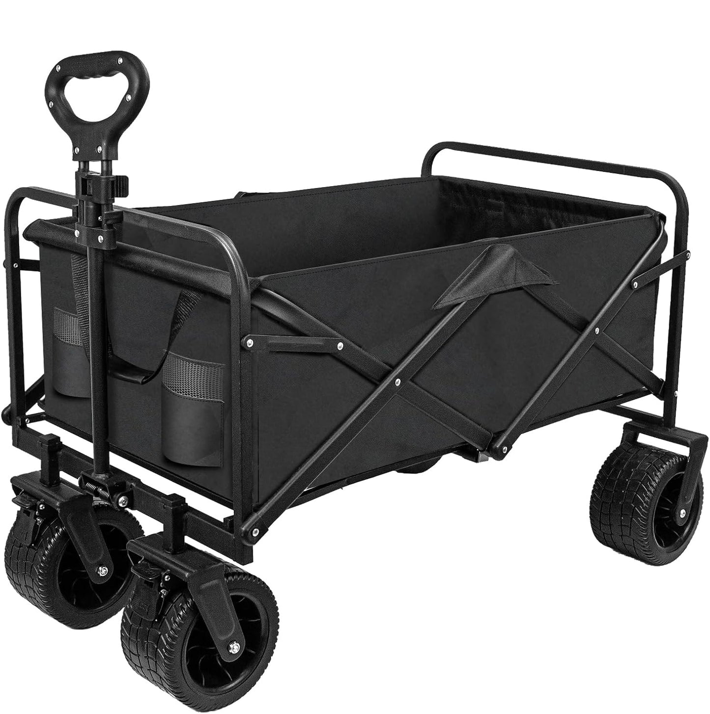 Foldable Outdoor Utility Wagon, Large Capacity Adjustable Pushrod All-Terrain Portable Garden Cart With Beverage Rack - Perfect For Camping, Beach, Sports, Shopping and Outdoor Adventures