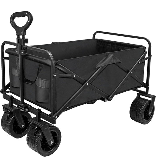 Foldable Outdoor Utility Wagon, Large Capacity Adjustable Pushrod All-Terrain Portable Garden Cart With Beverage Rack - Perfect For Camping, Beach, Sports, Shopping and Outdoor Adventures