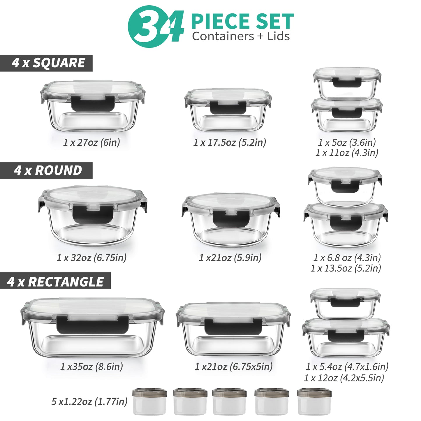 34pcs Glass Food Storage Containers with Lids Set, Airtight Meal Prep Containers (17 Containers & 17 Lids), Black