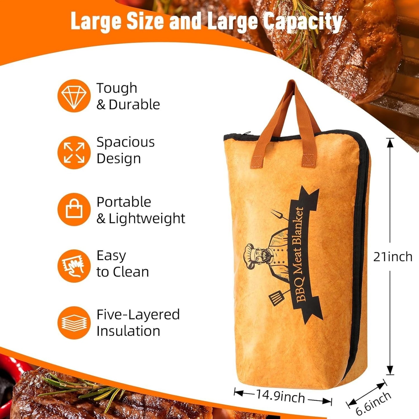 Mibote BBQ Blanket for Resting Meat,Reusable Smoker Grilling Meat Insulated Resting Bag with Wide Mouth for Large Brisket/Pork Shoulders/Turkeys,Gifts for Men (BBQ Blanket 21in)