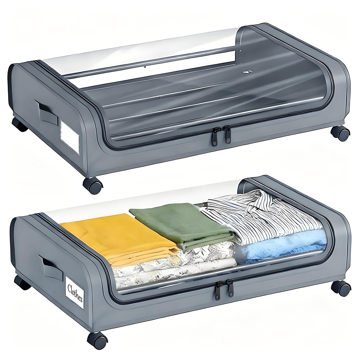 Under Bed Storage with Wheels, 2-Pack Under the Bed Storage Containers with Clear Lids & Label, Underbed Storage Bins for Clothes, Shoes - Grey