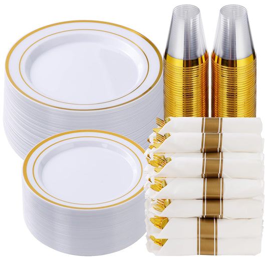175 Piece Gold Dinnerware Set for 25 Guests, Plastic Plates Disposable for Party, Include: 25 Gold Rim Dinner Plates, 25 Dessert Plates, 25 Paper Napkins, 25 Cups, 25 Gold Silverware Set