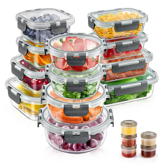 34pcs Glass Food Storage Containers with Lids Set, Airtight Glass Meal Prep Containers (17 Containers & 17 Lids),Leak Proof Lunch Containers BPA-Free, Microwave, Oven, Freezer, Dishwasher,Grey