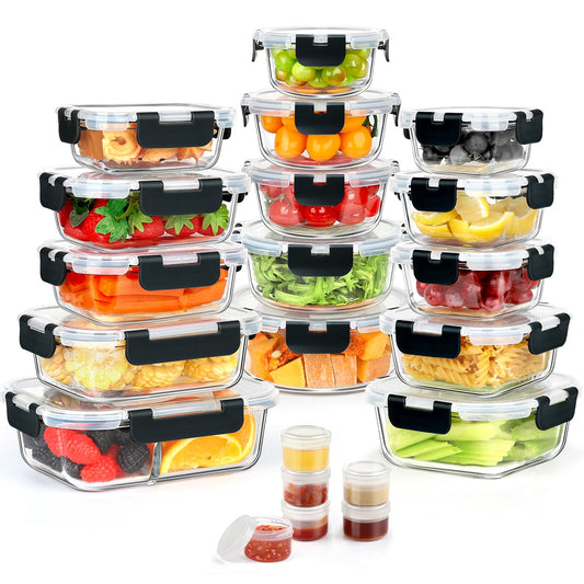 42pcs Glass Food Storage Containers with Snap Locking Lids Set, Glass Meal Prep Containers (21 Containers & 21 Lids Include One 2 Compartments),Leak Proof Lunch Containers BPA-Free,Black