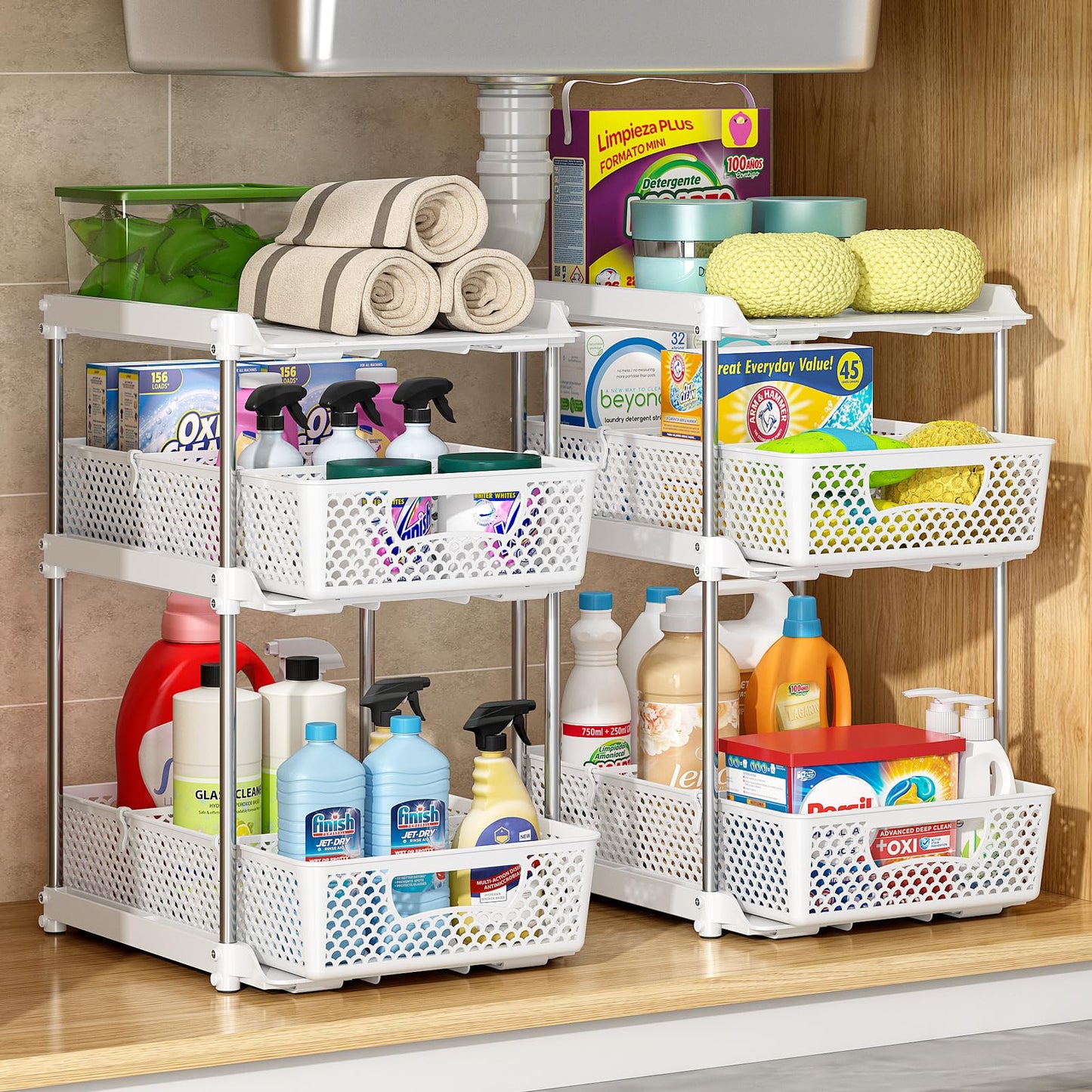 2 Pcs 3 Tier Bathroom Organizers and Storage, Pull Out Under Sink Organizer with Dividers, Kitchen Pantry Organizers and Storage, Bathroom Storage Cabinet - White