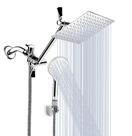 Shower Head, 8'' High Pressure Rainfall/Handheld Shower Combo with 11'' Extension Arm, 9 Settings, Anti-leak Shower Head with Holder, Height/Angle Adjustable, Chrome, Matte Black