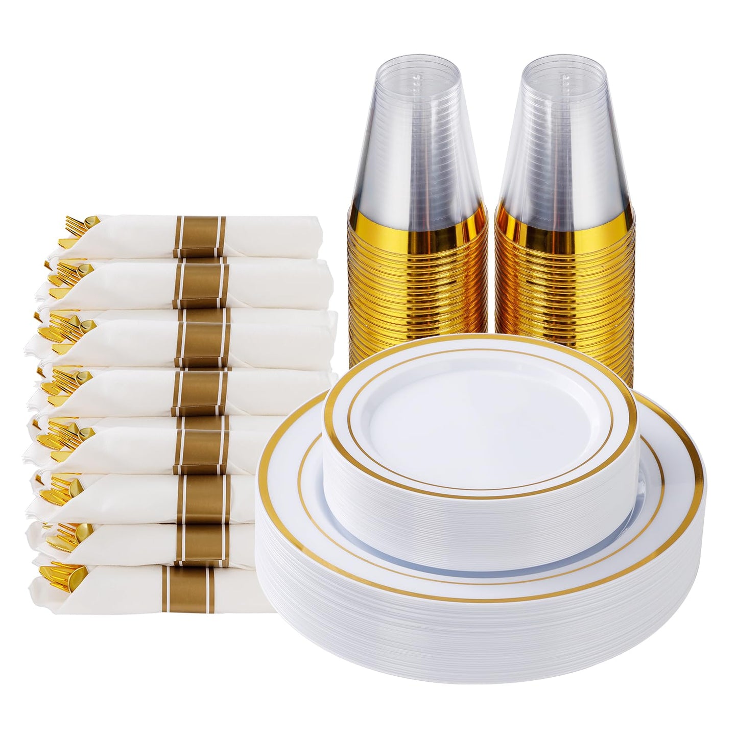 175 Piece Gold Dinnerware Set for 25 Guests, Plastic Plates Disposable for Party, Include: 25 Gold Rim Dinner Plates, 25 Dessert Plates, 25 Paper Napkins, 25 Cups, 25 Gold Silverware Set