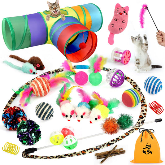 TAIMASI 32 PCS Cat Toys Kitten Toys,Interactive Variety Catnip Toys with Collapsible Rainbow Tunnel,Cat Feather Teaser Crinkle Balls Spring Toy for Cat, Kitty,Puppy