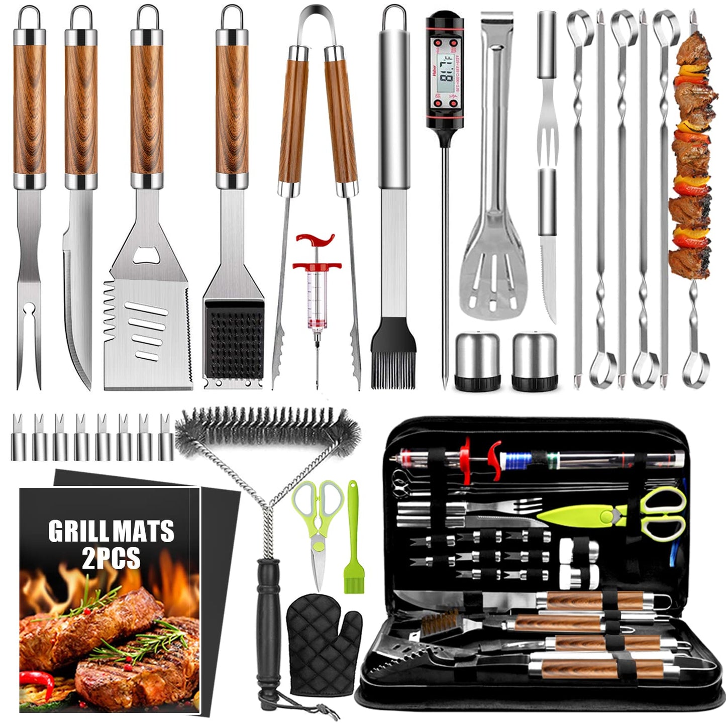 34 Pcs Grill Accessories Grilling Gifts for Men, 16 Inches Heavy Duty BBQ Accessories, Stainless Steel Grill Tools, Grill Mats for Backyard, BBQ Gifts Set