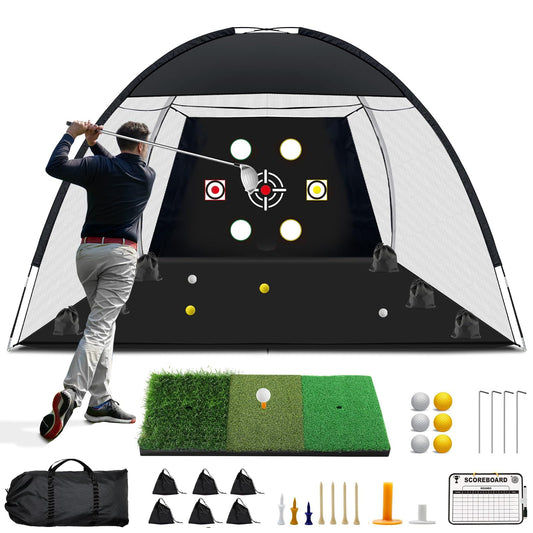 Golf Net, 10x7 Ft Golf Practice Net for Backyard with Tri-Turf Mat, Ball, Tee, and Carry Bag, All-in-One Multi-Target Training Aid for Outdoor/Indoor Chipping & Driving, Golf Hitting Aid Nets Gift
