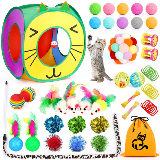 37 PCS Cat Toys, Interactive Kitten Toys for Indoor Kitty, Variety Catnip Toy Set Including Collapsible Cat Tunnel Tube Tent, Cat Feather Teaser Wand, Cat Bell, Fuzzy Ball, Spring, Mouse Toy