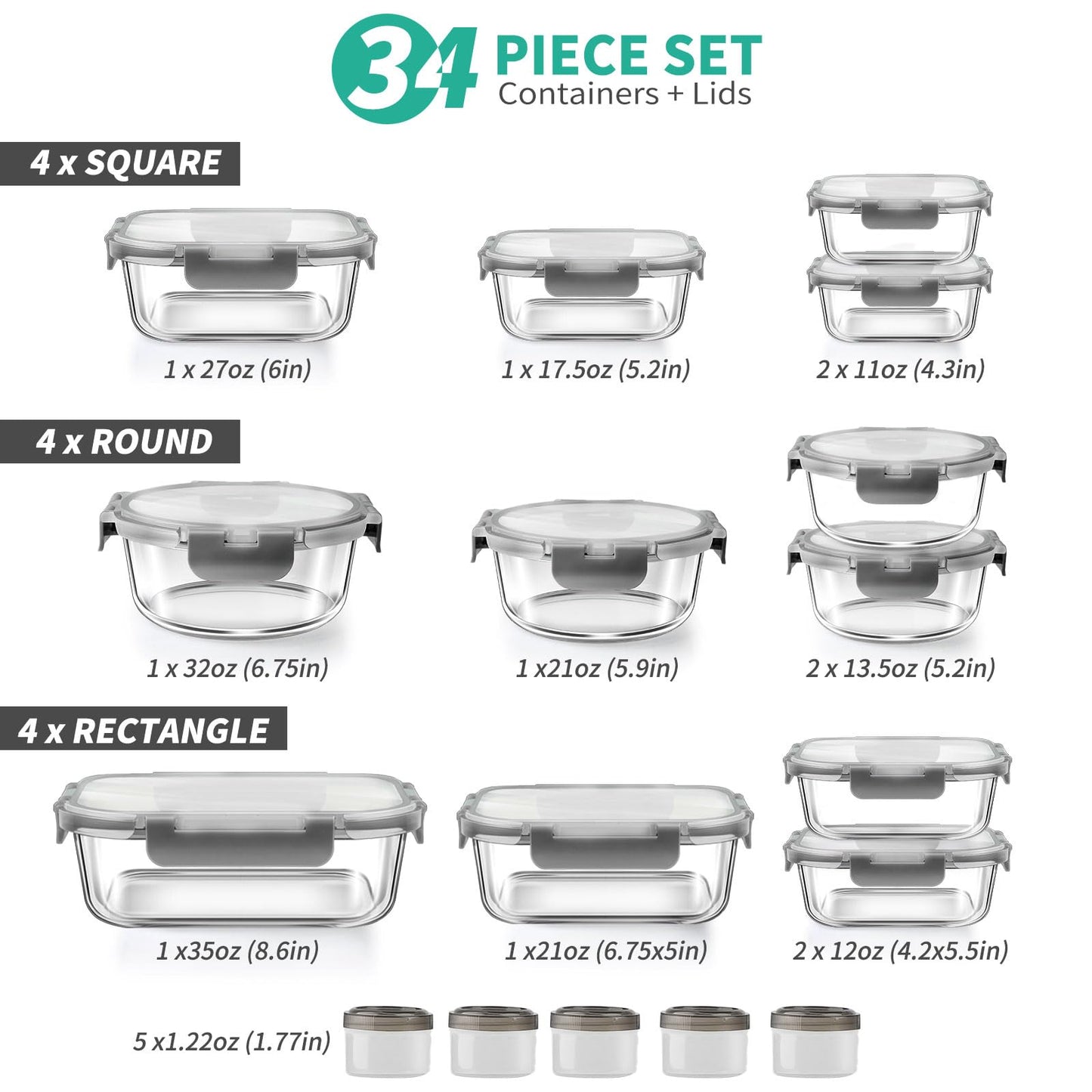 34pcs Glass Food Storage Containers with Lids Set, Airtight Glass Meal Prep Containers (17 Containers & 17 Lids),Leak Proof Lunch Containers BPA-Free, Microwave, Oven, Freezer, Dishwasher,Grey