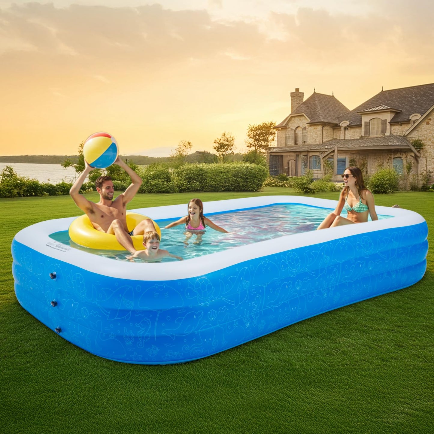 Inflatable Pool, 120" x 72" x 22" Rectangular Family Swimming Pool for Kids Adults, Blow-up Pool for Backyard, Outdoor Summer Fun, Easy Setup Full-Sized Lounge Pool