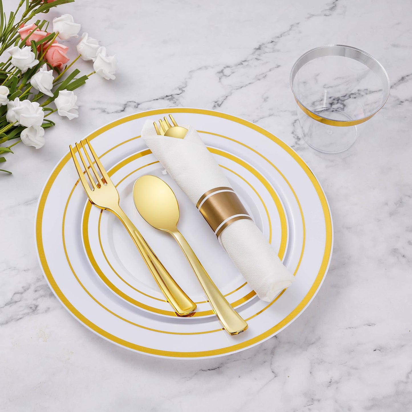 175 Piece Gold Dinnerware Set for 25 Guests, Plastic Plates Disposable for Party, Include: 25 Gold Rim Dinner Plates, 25 Dessert Plates, 25 Paper Napkins, 25 Cups, 25 Gold Silverware Set