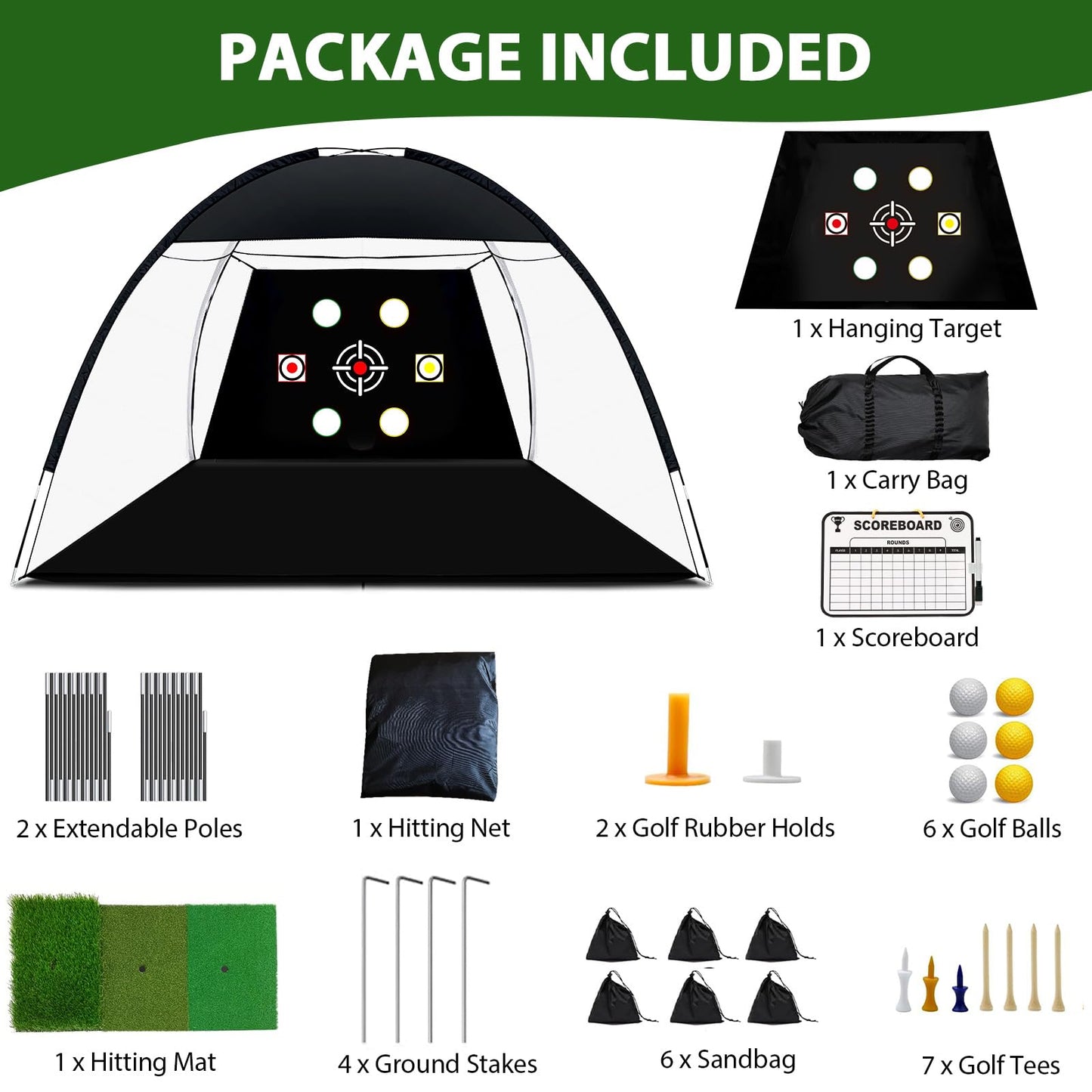 Golf Net, 10x7 Ft Golf Practice Net for Backyard with Tri-Turf Mat, Ball, Tee, and Carry Bag, All-in-One Multi-Target Training Aid for Outdoor/Indoor Chipping & Driving, Golf Hitting Aid Nets Gift