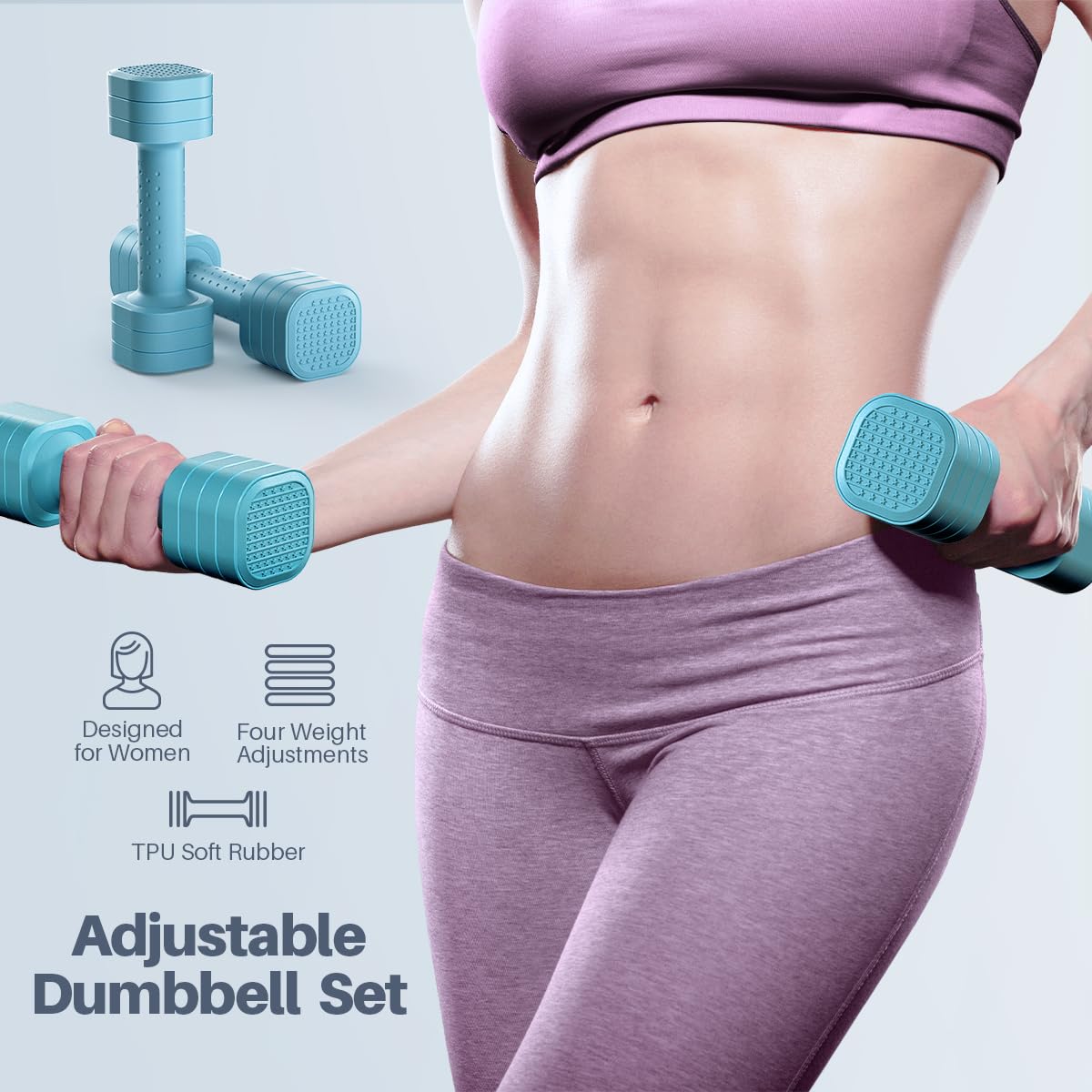 Adjustable Dumbbell Set of 2, 4 in 1 Free Weights Dumbbells Set for Women, Hand Weights for Women at Home, Each 2lb 3lb 4lb 5lb with TPU Soft Rubber Handle for Home Gym Exercise Training