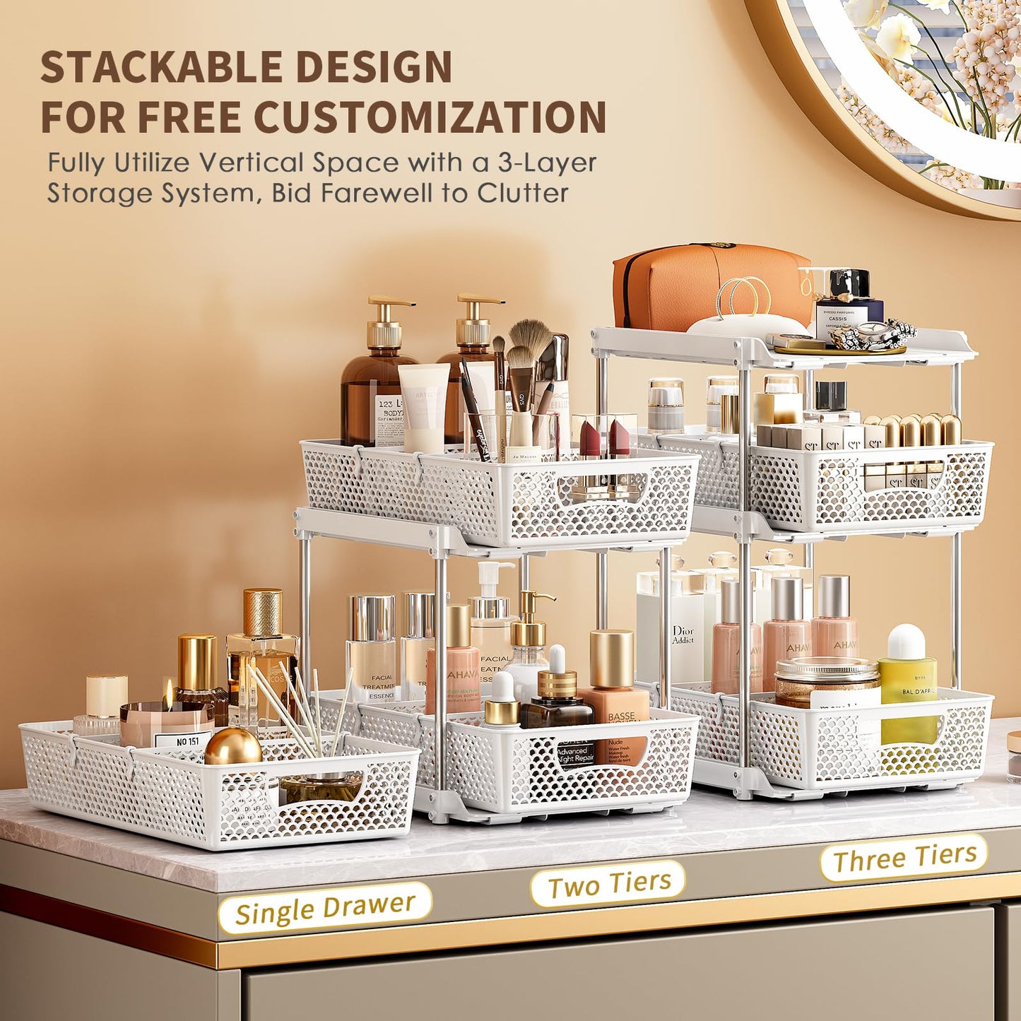 2 Pcs 3 Tier Bathroom Organizers and Storage, Pull Out Under Sink Organizer with Dividers, Kitchen Pantry Organizers and Storage, Bathroom Storage Cabinet - White